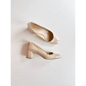 CHLOE Lauren Nude Patent Leather Scalloped Round Toe Block Heel Pumps, Size 38.5